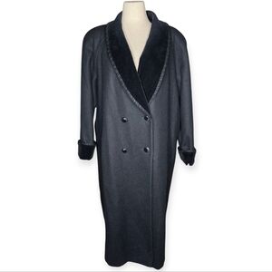 Herman Kay Vintage Black Wool Velvet Collar Long Coat Made USA Size 16W 80s 90s